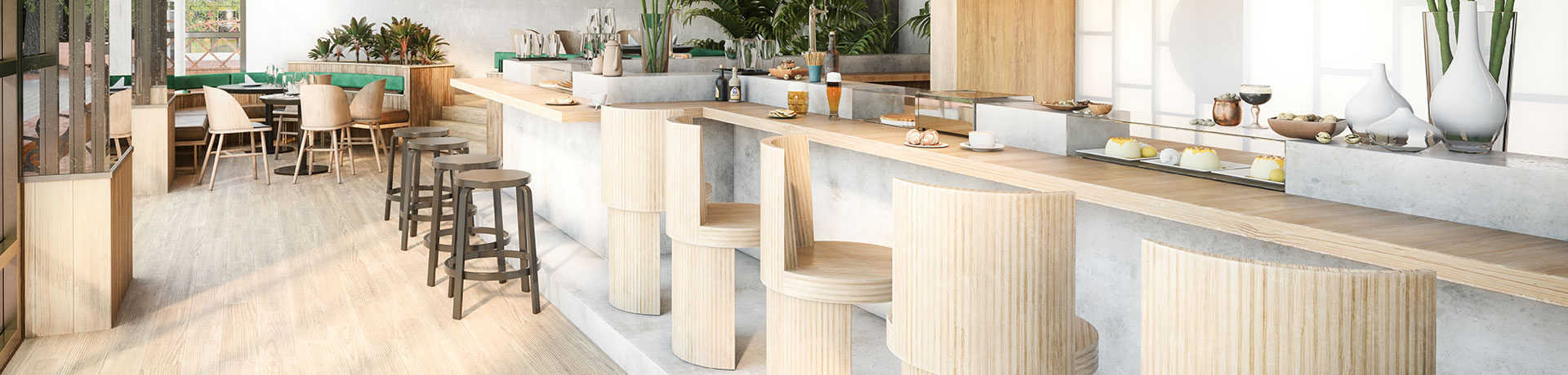 A restaurant with freshly wiped down seating, clean countertops and sterile floors