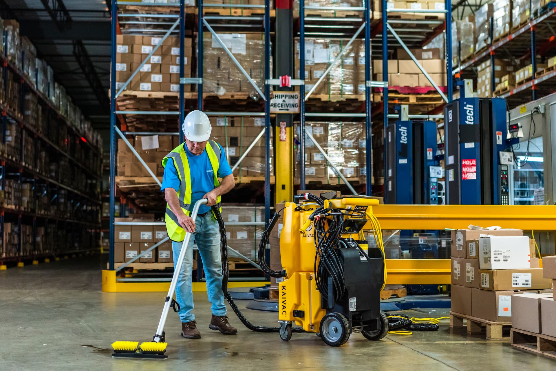 Commercial warehouse cleaning crew in Carol Stream pressure washing warehouse floor