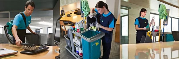 servicemaster clean technicians dusting and throwing out trash in office