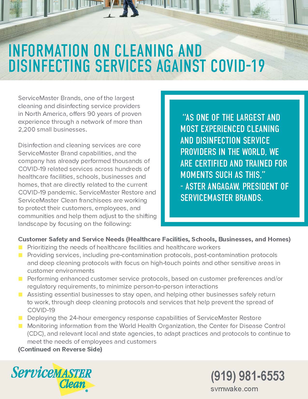 Information on Cleaning and Disinfecting Services Against COVID19
