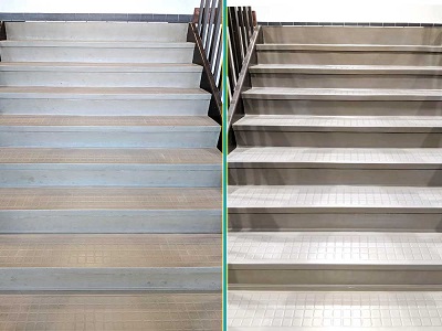 before and after shot of clean tiled stairs