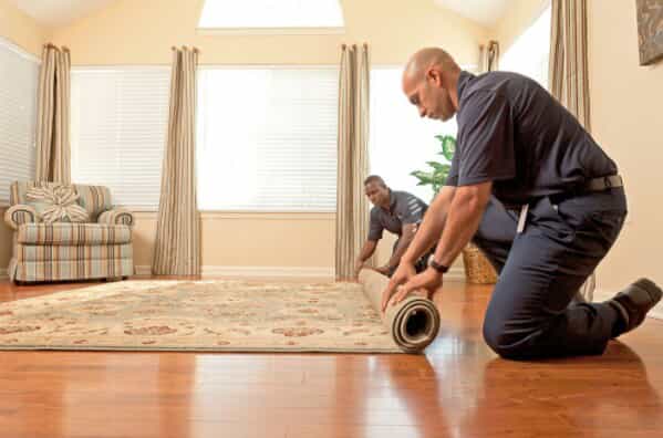 team members rolling a carpet to begin cleaning 