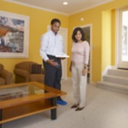 Man and woman discuss services