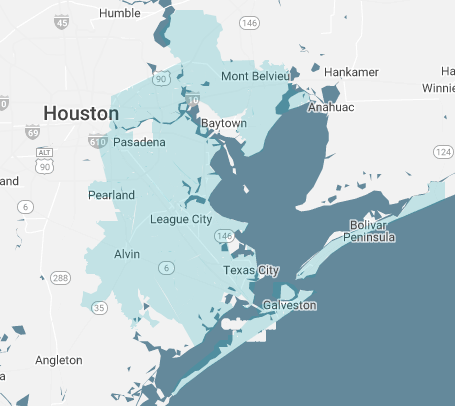 A map of ServiceMaster Commercial Cleaning by Enviro's service area in Houston and Pearland.