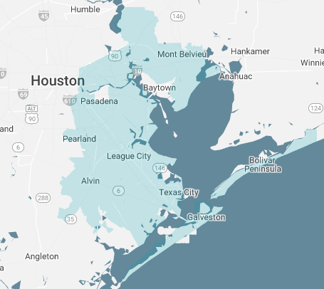A map of ServiceMaster Commercial Cleaning by Enviro's service area in Houston and Pearland. 